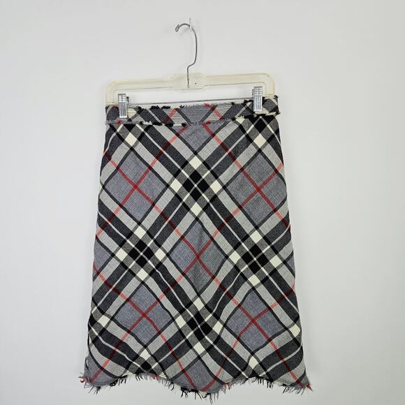Vintage J Crew Virgin Wool Plaid Skirt Size 4 Knee Length Fringe Hem Academia - Picture 1 of 8